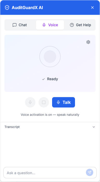 Voice Assistant — hands-free AI with talk button and transcript